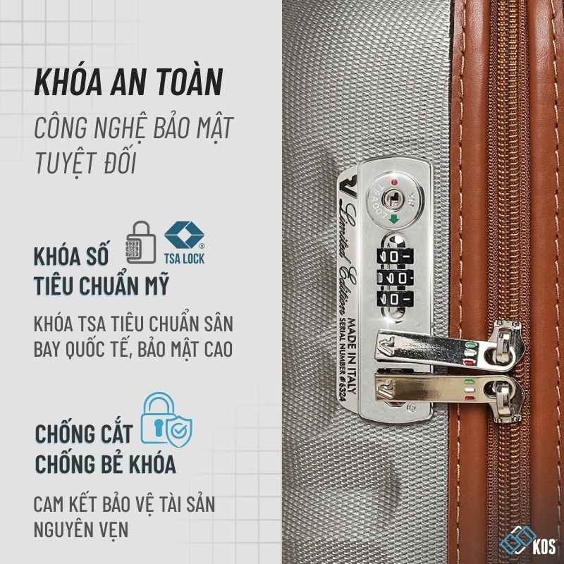 Vali kéo tại KOS được trang bị khoá an toàn tiêu chuẩn Hoa Kỳ