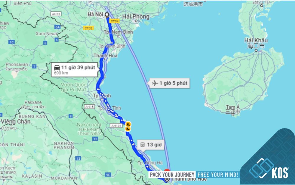 H&agrave;nh tr&igrave;nh đi từ H&agrave; Nội tới Huế 